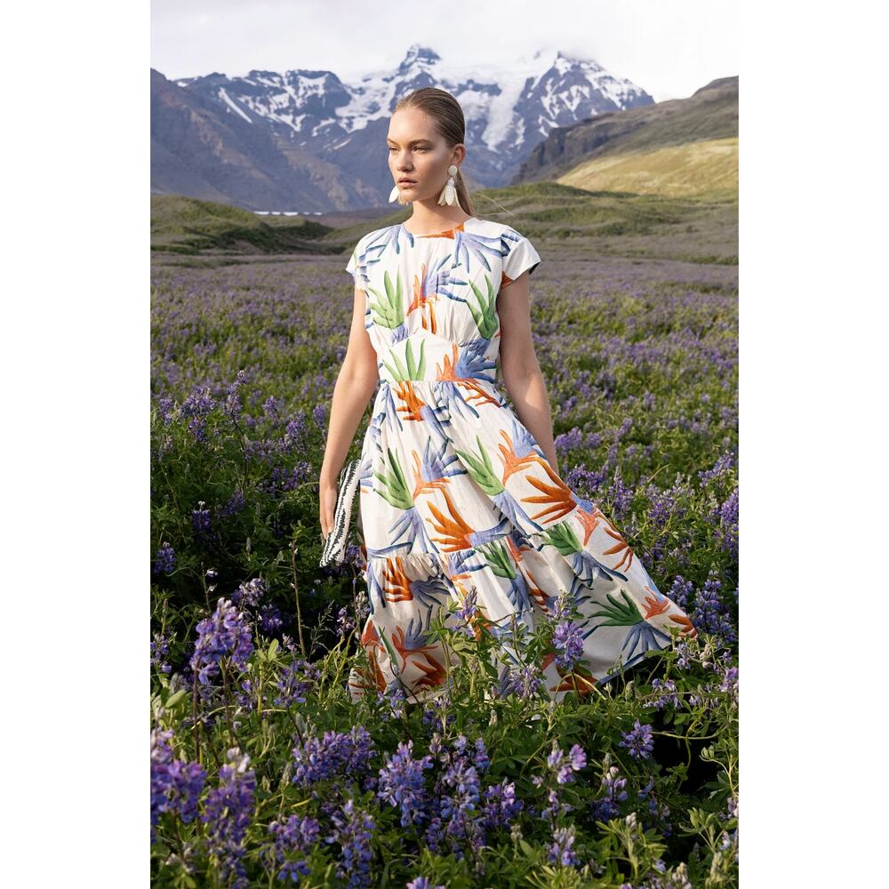 OLIPHANT Tuckernuck Cap Sleeve Midi Dress Fortuna Green Palm Print Cotton S - Picture 4 of 10